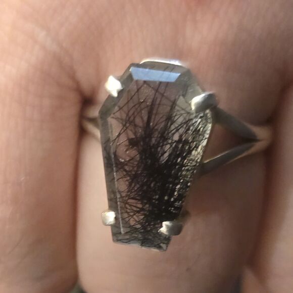 Coffin Shape Black Rutile Gemstone .925 Sterling Silver Ring Size 11 - Picture 7 of 7